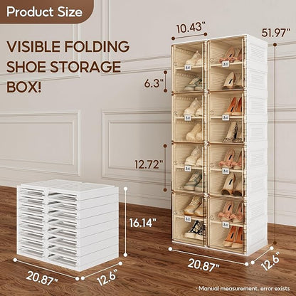 ANTBOX Shoe Organizer Storage Box, Portable Folding Shoe Rack For Closet With Magnetic Clear Door,Large Sneaker Cabinet Bins Sturdy Easy Assembly 8 Layers-16 Grids