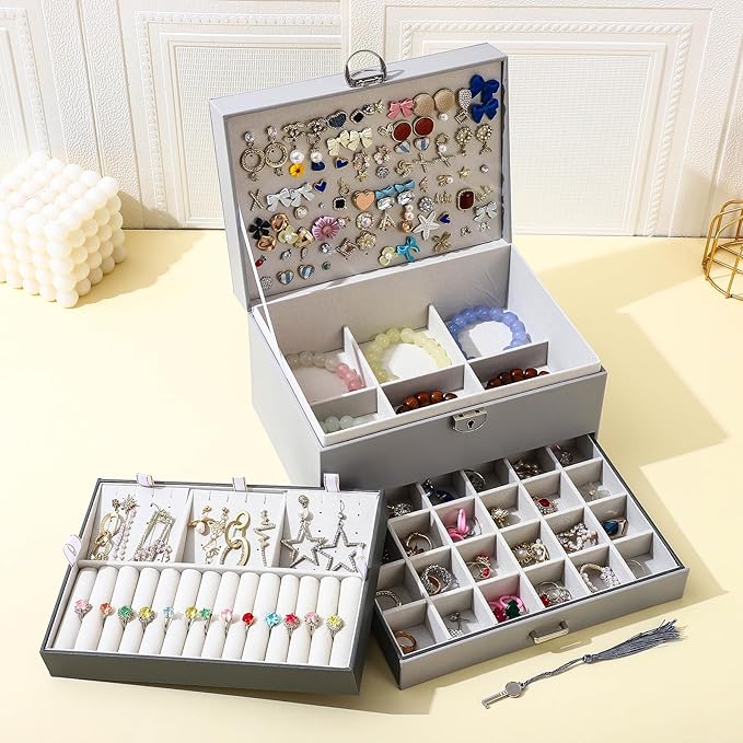 BOOVO Earring Jewelry Box For Women Girl Stud Organizer, 5 Layers Girl Jewelry Organizer Box With Lock Earring Holder Organizer Necklace Ring Jewelry Organizer Box For Girls (grey)
