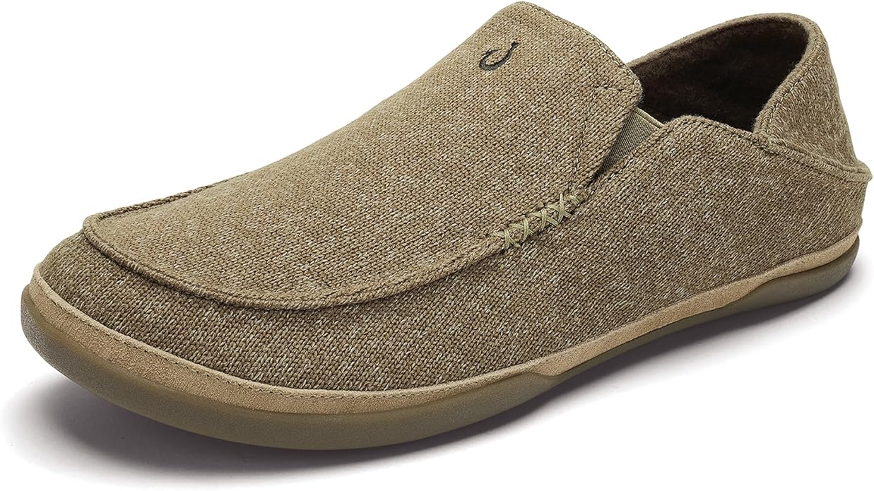 OLUKAI Moloa Hulu Men's Wool-Blend Slippers, Soft & Heathered Knit Slip On Shoes, Suede Leather Foxing, Drop-In Heel Design