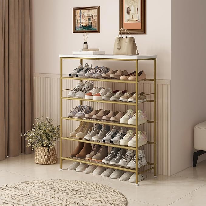 SUOERNUO Shoe Rack Organizer 6 Tier for Closet Entryway Free Standing Metal Storage Shoe Shelf with MDF Top Board，Gold
