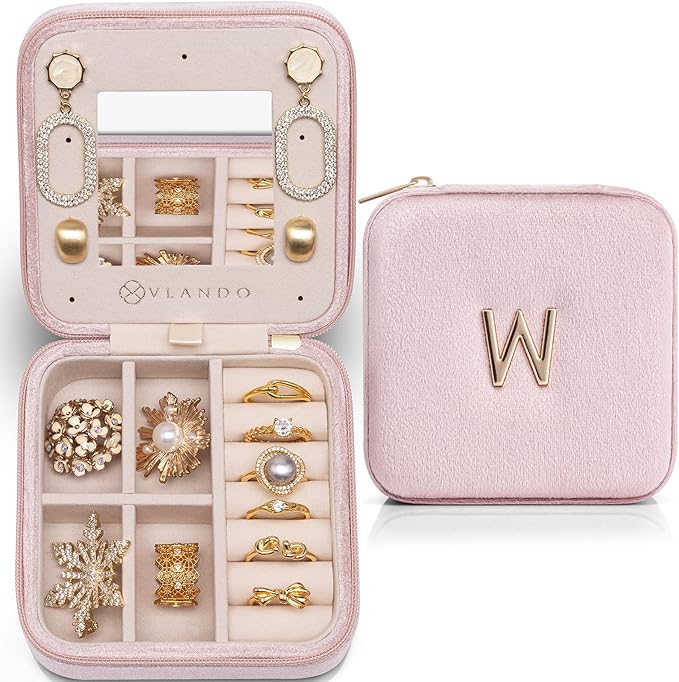Vlando Travel Jewelry Box for Girls Women, W Initial Jewelry Box for Girls Travel Jewelry Case Jewelry Case Gifts for Women - Letter W, Pink