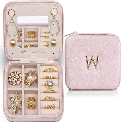 Vlando Travel Jewelry Box for Girls Women, W Initial Jewelry Box for Girls Travel Jewelry Case Jewelry Case Gifts for Women - Letter W, Pink