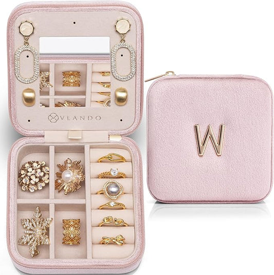 Vlando Travel Jewelry Box for Girls Women, W Initial Jewelry Box for Girls Travel Jewelry Case Jewelry Case Gifts for Women - Letter W, Pink