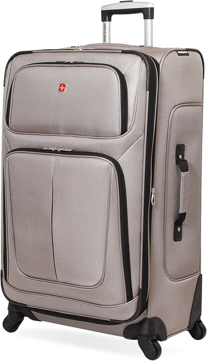SwissGear Sion Softside Expandable Luggage – Large Checked Suitcase with 360 Degree Wheels & Retractable Handle – 29 Inch, Perfect for 7-9 Night Trips – Pewter