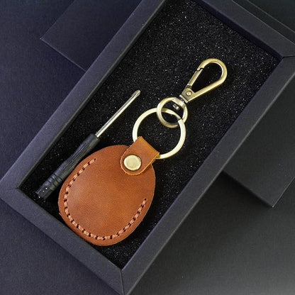 Leather AirTag Keychain Holder - Premium Crazy Horse Full-Grain Leather Case with Screwdriver | Secure Twist Lock, Easy Access, Develops Patina Over Time for Keys, Wallet & Bags