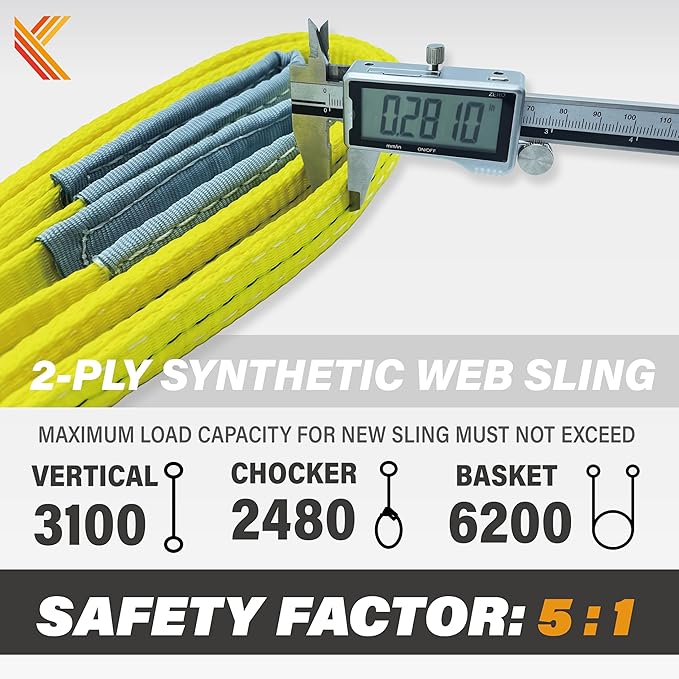 2-Ply Lifting Straps 1”x 12ft Webbing Sling Tree Saver 2Pack Heavy Duty Web Strap Rigging Moving Towing Hoisting Gear KODIAK STRAPS