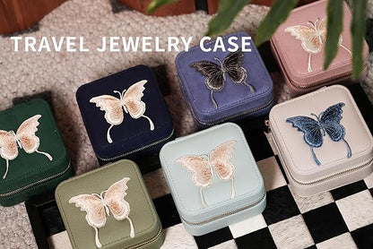 S.Leaf Travel Jewelry Organizer Boxes for Women Small Portable Necklace Earrings Bracelet Rings Travel Case Best Friend Birthday Gifts for Women Trendy (Butterfly_Beige_Blue)