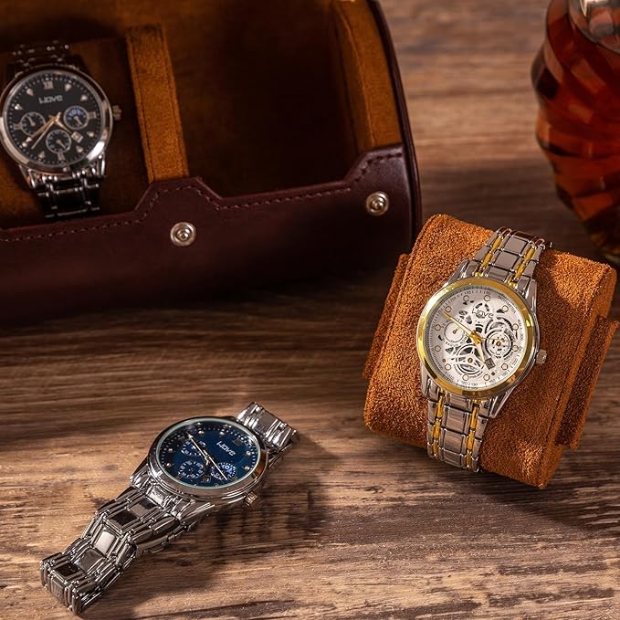 MR.OKAY 3 Watch Travel Case- Classic Leather Watch Case With Superb Texture.Portable Watch Roll Or Organizer For Storage And Display. Men's Great Gift For Traveling, 100% Handmade by Artisans.