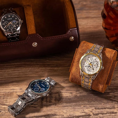 MR.OKAY 3 Watch Travel Case- Classic Leather Watch Case With Superb Texture.Portable Watch Roll Or Organizer For Storage And Display. Men's Great Gift For Traveling, 100% Handmade by Artisans.