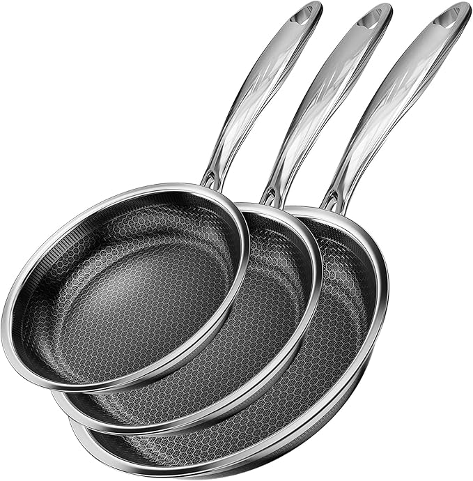 Fogdream 8"10"12" Non Stick Frying Pans, Stainless Steel Skillet with Lid, Tri-Ply Stainless Steel for All Cooktops, Dishwasher and Oven-Safe Cooking Pan, Stay-Cool Handle, Silver