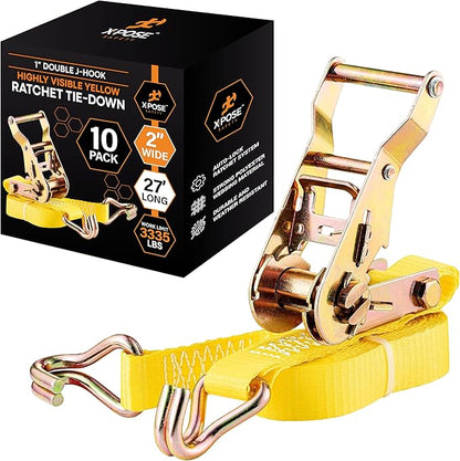 Ratchet Straps Heavy Duty 2" x 27' – 10,000 lbs Break Strength Tie Down Straps with Double J Hooks, Ratcheting Cargo Straps for Truck, Trailer, Kayak, Motorcycle & Moving – 10 Pack