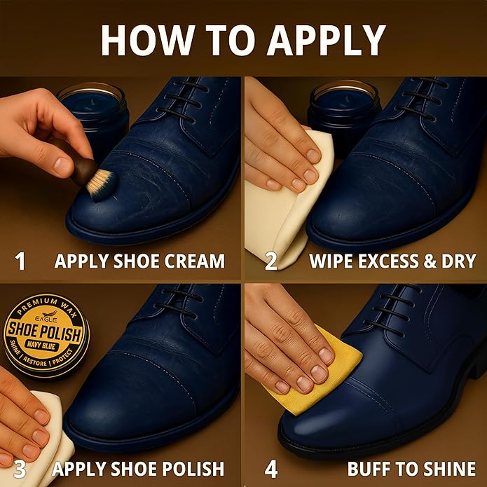 Eagle Shoe Shine Kit Navy Blue – 5-Piece Leather Shoe Polish & Cream Set with Brush & Cloths | Beeswax Waterproof Polish + Carnauba Wax Shoe Cream | Restore, Shine & Protect Dress Shoes & Boots