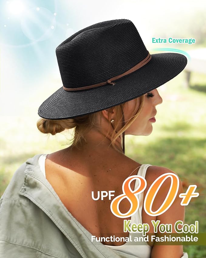 FURTALK Womens Summer Straw Sun Hats Wide Brim Panama Fedora Beach Hat with Wind Lanyard UPF 80+