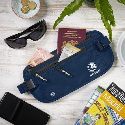 VENTURE 4TH Money Belt for Travel – Hidden Under-Clothes RFID Blocking Passport Holder & Slim Travel Wallet Pouch for Men & Women to Protect Cash, Cards & Documents (Navy Blue)