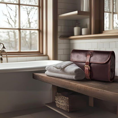 LEATHER VILLAGE Hanging Leather Toiletry Bag for Men – Handcrafted Vintage Premium Travel Dopp Kit with Waterproof Lining, Shaving Organizer and Shower Bathroom Essentials Case - Cherry