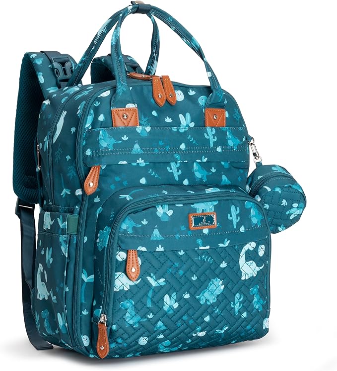 BabbleRoo Diaper Bag Backpack - Baby Essentials Travel Tote - Multi Function Water Resistant Diaper Bag, Travel Essentials Baby Bag with Changing Pad, Stroller Straps & Pacifier Case - Unisex, Dino