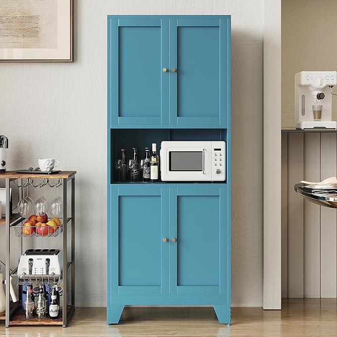 69" Tall Metal Kitchen Pantry Storage Cabinet with Microwave Stand | White | Modern Freestanding Food Buffet Cabinet | Kitchen Hutch | Coffee Bar Hutch for Dining & Living Room