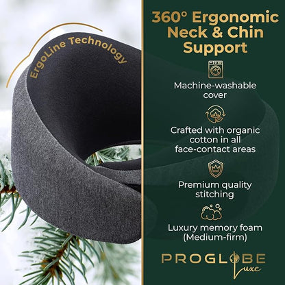 Proglobe Ash Black Memory Foam Travel Neck Pillow for Airplanes, Compact Plane Cushion for Long Flights with Soft Chin Support and Compression Bag, Comfortable Lightweight Air Travel Accessory