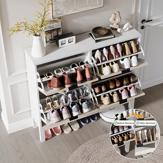 GAOMON Shoe Cabinet with 4 Flip Drawers, Entryway Cabinet with Adjustable Shelves, Accommodate 16 to 20 Pair of Shoes, Space-Saving Slim Shoe Cabinet for Entryway, Hallway, Front Door, White Oak