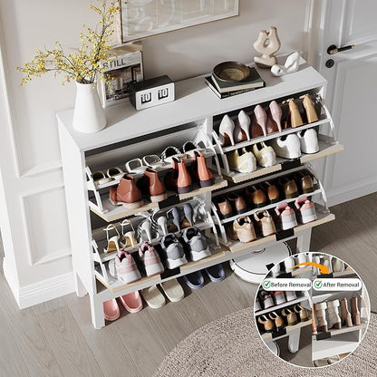 GAOMON Shoe Cabinet with 4 Flip Drawers, Entryway Cabinet with Adjustable Shelves, Accommodate 16 to 20 Pair of Shoes, Space-Saving Slim Shoe Cabinet for Entryway, Hallway, Front Door, White Oak