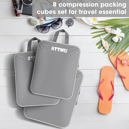8 Set Compression Packing Cubes for Travel, Expandable Compression Cubes for Suitcases, Lightweight Suitcase Organizer with Shoes & Laundry Bags, Travel Accessories for Men Women