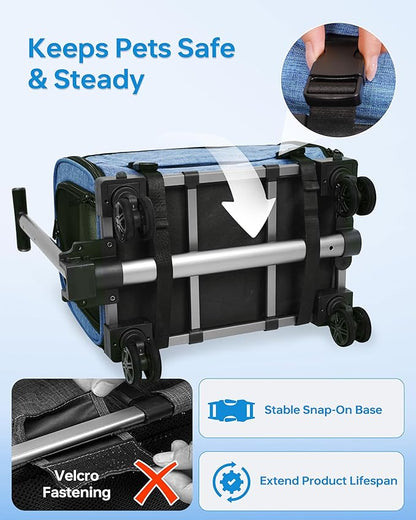 Pet Carrier with Removable Wheels American Airline Approved, Rolling Cat Carrier with Telescopic Handle and Shoulder Strap, Breathable Soft-Sided Carrier with Locking Zipper for Small Cats Dogs(Blue)