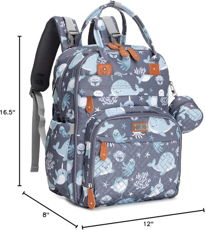 BabbleRoo Diaper Bag Backpack - Baby Essentials Travel Tote - Multi Function Water Resistant Diaper Bag, Travel Essentials Baby Bag with Changing Pad, Stroller Straps & Pacifier Case - Sea Animals