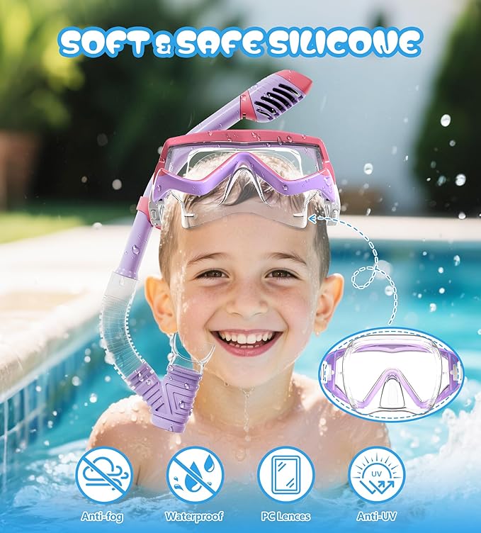 Aegend Snorkeling Gear for Adults Youth Kids, Dry Snorkel Set Panoramic View Enhanced Anti-Leak and Anti-Fog Technology, Adjustable Strap for Snorkeling Scuba Diving Swimming with Mesh Bag