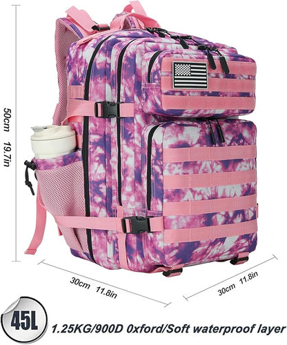 45L Tactical Assault Backpack 3 day assault pack with Molle Waterproof backpack Rucksack for Tactical Backpacks (Rose Tie-Dye)
