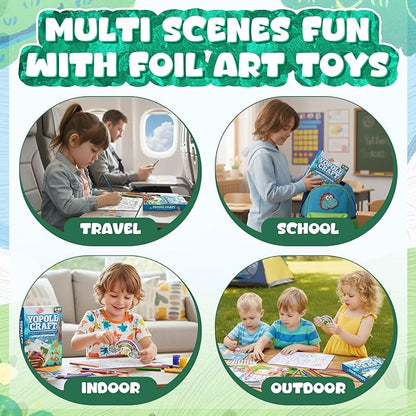 YoPoll Foil Art Craft Kits for Kids, Mess-Free DIY Creative Activity Set, Fun Arts and Crafts Toys for Boys & Girls, Peel & Press Foil Art Kit for Kids, Travel Toy and Birthday Gift (Animals)