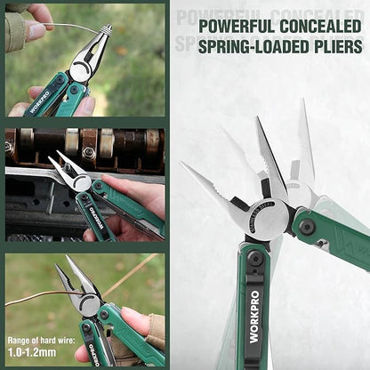 WORKPRO 18-in-1 Multi Tool Pliers, Gifts for Men, Stainless Steel EDC Multitool with Pocket Knife, 2 Safety Locks, Belt Clip and Oxford Pouch, Utility Multiuse Tool for Camping