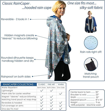 RainCaper Rain Poncho for Women - Reversible Rainproof Hooded Cape in Gorgeous Ultrasoft Colors (Black/Wm Morris Strawberry Thief)