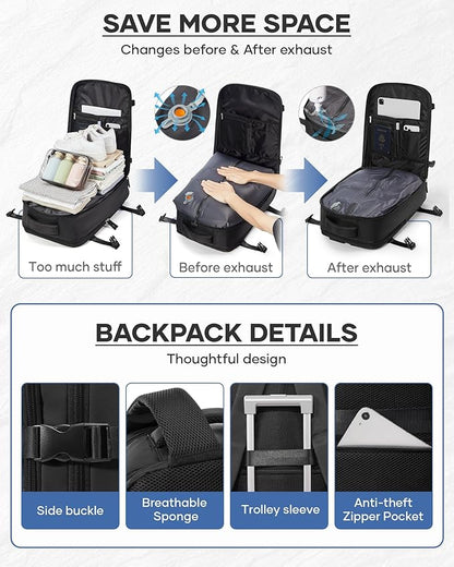 Vacuum Seal Backpack Travel With Pump,Mochila De Viaje Compresion Al Vacio,Personal Item Travel Backpack With Vacuum System,Large Carry On Vacpack Backpacks For Women Men,Black