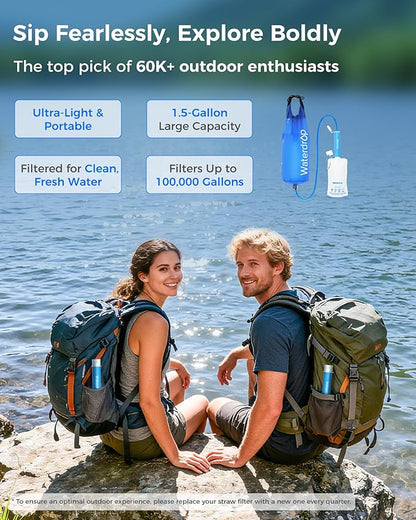 Waterdrop Gravity Water Filter Straw, Camping Water Filtration System, Water Purifier Survival for Travel, Backpacking and Emergency Preparedness, 1.5 gal Bag, 0.1 Micron, 5 Stage Filtration