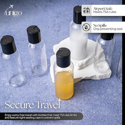 unigo Travel Bottles for Toiletries,TSA Approved Silicone Travel Containers for Toiletries, Plastic Bottles, Leak Proof Refillable Bottles, Shampoo (Transparent, 6-Pack Plastic Bottles Set (100ml))
