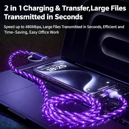 USB Cable PD Fast Charger Lighted Up(USB 6IN1 Starry Purple) Mobile Phone Data Cable,Fast Charging Cable,TPE Material,Compatible with Almost All Devices.