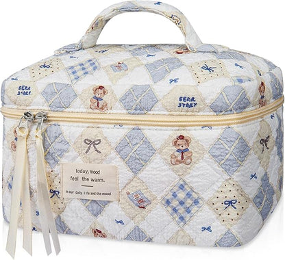 Large Makeup Bag, Cute Cosmetic Bag for Women Girls, Floral Coquette Aesthetic Toiletry Bag, Travel Make Up Organizer Bag (Check Bear)