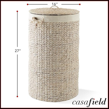 Casafield Round Laundry Hamper with Lid and Removable Liner Bag - Whitewash, Woven Water Hyacinth Wicker Laundry Basket for Clothes and Towels