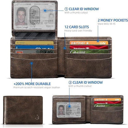 Zitahli Wallet for Men 12 Card Holder Slim Rfid Leather 2 ID Window Wallets With Gift Box Men's Accessories