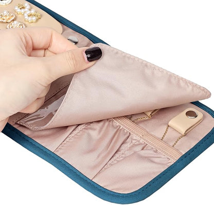 BELALIFE Travel Jewelry Case Organizer, Small Foldable Storage Roll for Earrings, Necklaces, Rings, Bracelets, Brooches, Lake-Blue