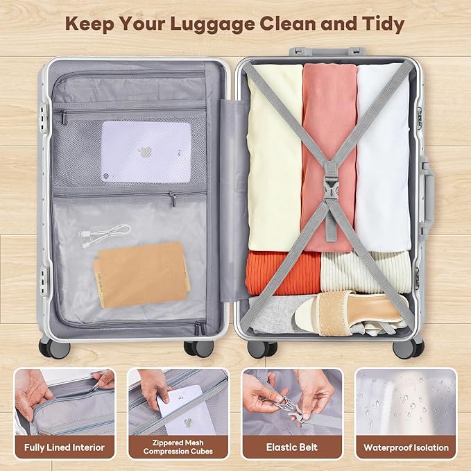 3-Piece Hardside Luggage Sets Aluminum Frame, 20+24+28 Inch Suitcases with USB Charging Port, Foldable Cup Holder, TSA Locks & Spinner Wheels for Travel, Silver