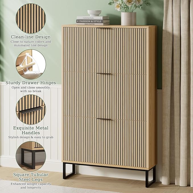 Shoe Cabinet Storage with 3 Flip Drawers, Shoe Organizer Cabinet for Entryway Slim, Modern Freestanding Hidden Shoe Rack Organizer Shoe Cupboard for Hallway, Natural Wood
