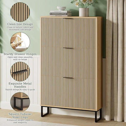 Shoe Cabinet Storage with 3 Flip Drawers, Shoe Organizer Cabinet for Entryway Slim, Modern Freestanding Hidden Shoe Rack Organizer Shoe Cupboard for Hallway, Natural Wood