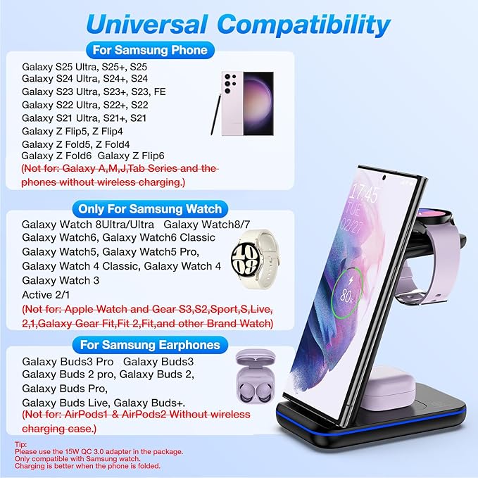 Wireless Charging Station for Samsung/Android, Fast Wireless Watch Charger Station Compatible for Samsung Galaxy S25 Ultra/S24/S23+/Z Flip 7/6 Fold 7/6, Watch8/7/Pro/Active 2 Galaxy Buds3/2 Pro(Black)