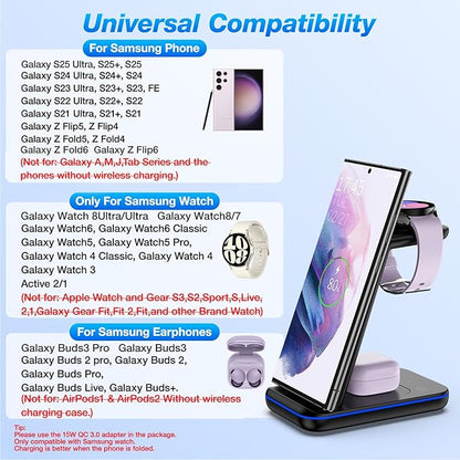 Wireless Charging Station for Samsung/Android, Fast Wireless Watch Charger Station Compatible for Samsung Galaxy S25 Ultra/S24/S23+/Z Flip 7/6 Fold 7/6, Watch8/7/Pro/Active 2 Galaxy Buds3/2 Pro(Black)