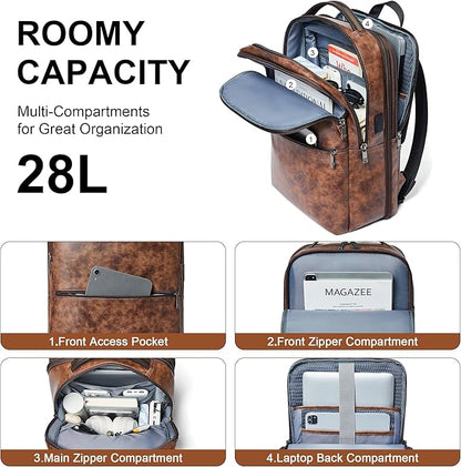 Shrrie Vegan Leather Laptop Backpack for Women&Men,16 Inch Expandable Backpack with USB Charging Port,Two-toned Brown