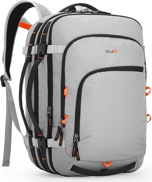 Tolaccea Travel Backpack, TSA Friendly Flight Approved Carry-on Luggage Durable Large Laptop Bag Daypack Fits 15.6 Inch Computer, Water-resistant Business Rucksack, 35-45L Expandable - Grey