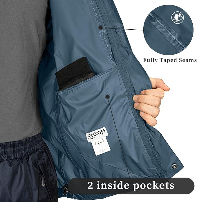 33,000ft Packable Rain Jacket Men's Lightweight Waterproof Rain Shell Jacket Raincoat with Hood for Golf Cycling Windbreaker