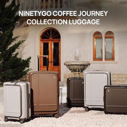 NINETYGO Medium Checked Luggage 25 Inch, Flat Top Opening Checking In Luggage with Cup Holder, Expandable, Coffee-Infused PC Hard Shell, Eco-Friendly, TSA Lock, 360° Spinner Wheels (Latte)