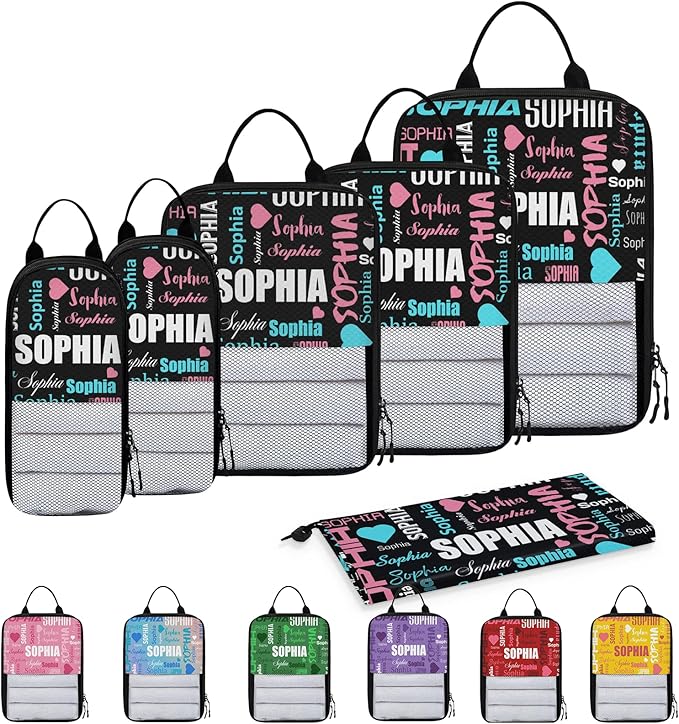 Personalized 6 Set Compression Packing Cubes for Travel Essentials with Name Customized Lightweight Carry on Expandable Luggage Organizer Bags for Women and Men, Black